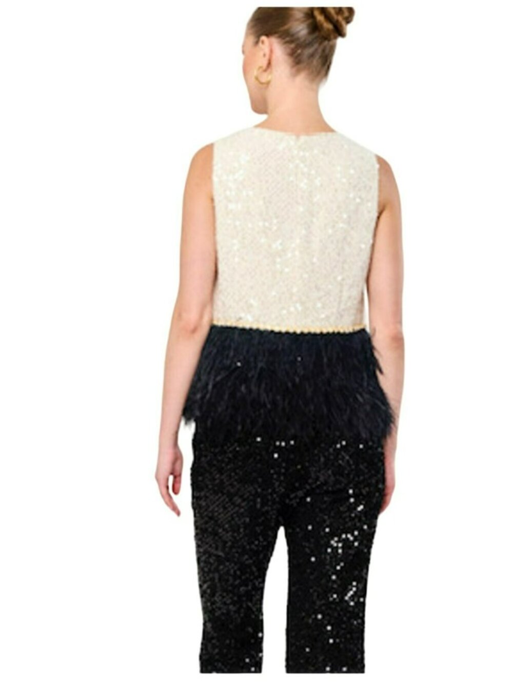 Flora Bea Cream Sequins Black Feather Boa Bella Tweed Top Size Small NWT - Picture 3 of 8